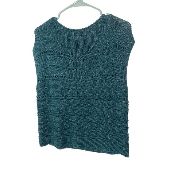 Lafayette148 Silk/Cotton Teal Open Stitch Micro Paillette CoastalGrandma Sweater - Picture 8 of 8